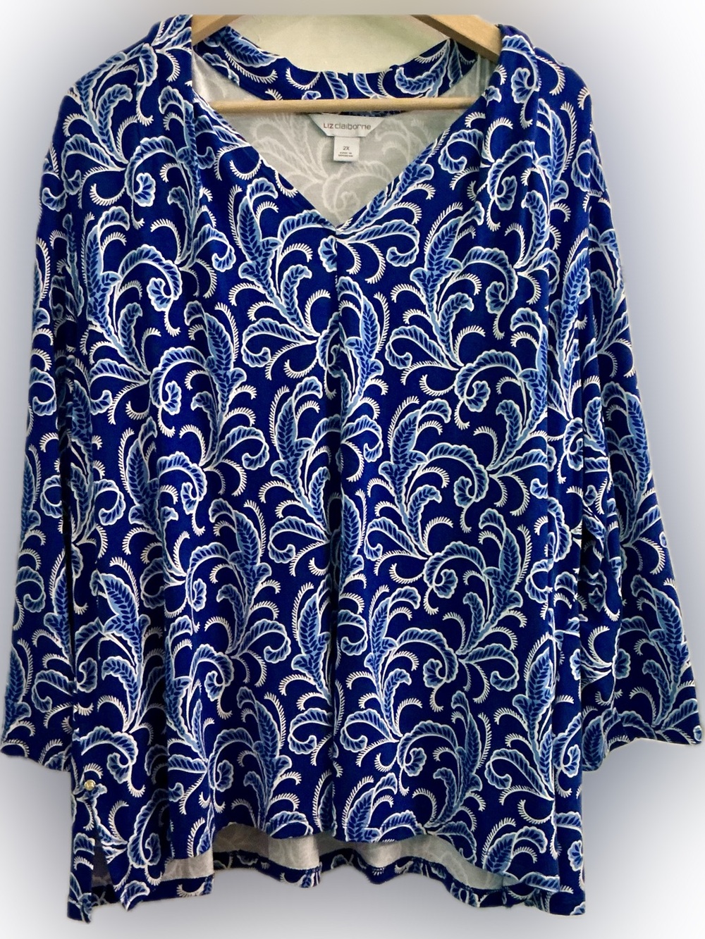 Liz Claiborne Plus Size 2X Blue Paisley 3/4 Sleeve Stretch Knit Top